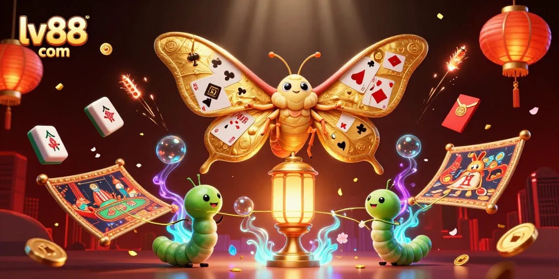 Explore the vibrant world of lv88 com, showcasing golden moths amidst casino elements in a colorful 3D scene.