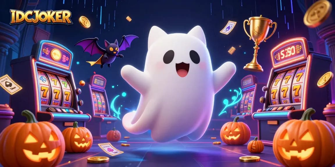IDCJOKER features an engaging ghostly cat in a vibrant haunted casino setting, highlighting slot machine excitement.