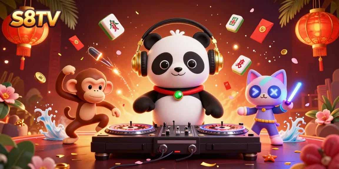 S8TV brings excitement to life through a vibrant digital illustration featuring a DJ panda and breakdancing monkey in a lively casino atmosphere.