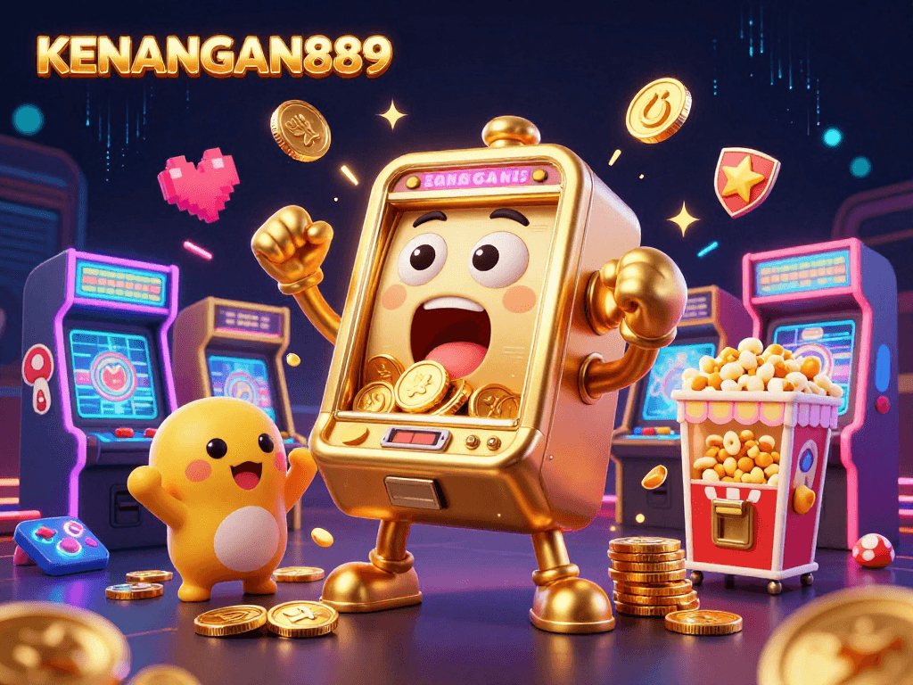Spinning the reels at KENANGAN889, a golden slot machine wins big amidst coins and cheering mini machines.