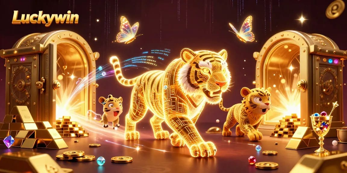 Engage with Luckywin's vibrant casino scene featuring a golden tiger and dazzling treasure.