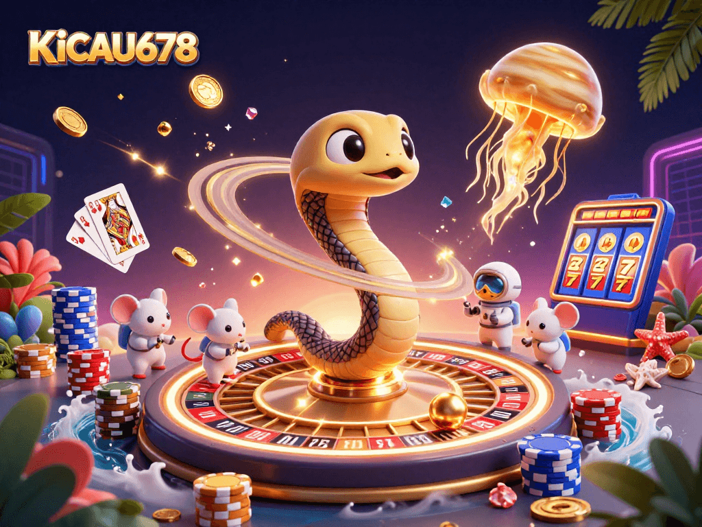 KICAU678 players bet on a spinning roulette with vibrant cosmic elements in this exciting illustration.