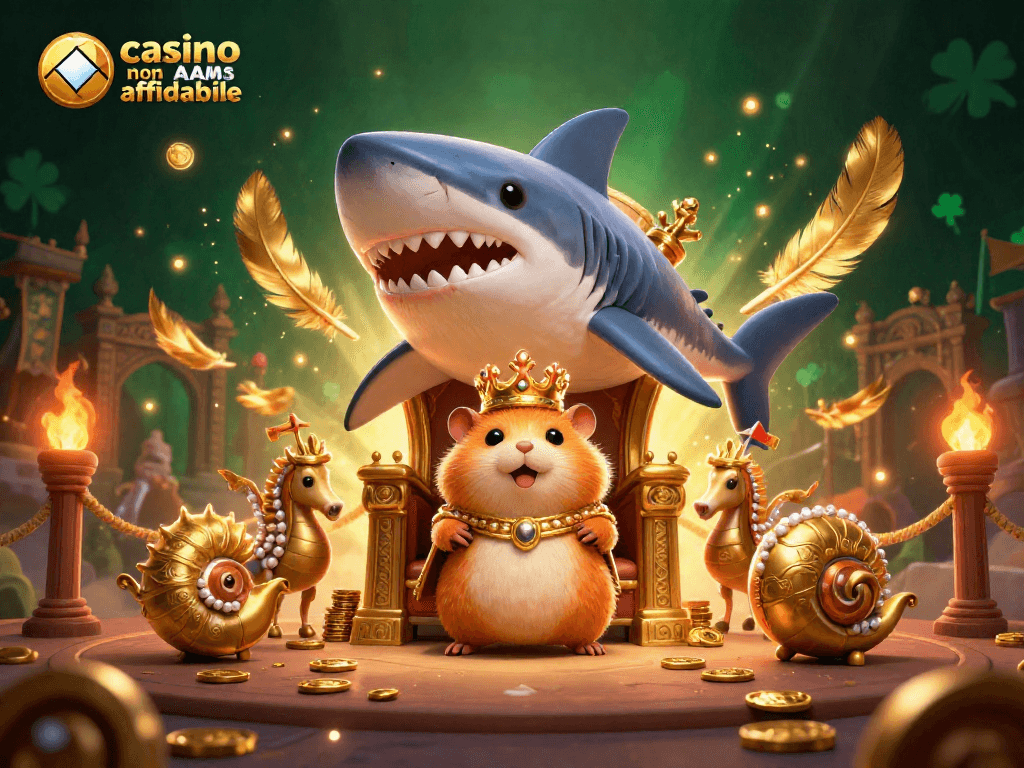 Esplora il regno del casino non AAMS affidabile completo di un re criceto d'oro e armati seahorse in questa vivace illustrazione 3D.