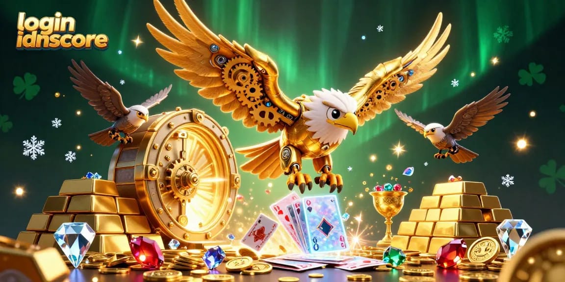 Engage with the excitement of login idnscore through a vibrant 3D casino scene showcasing gaming elements.