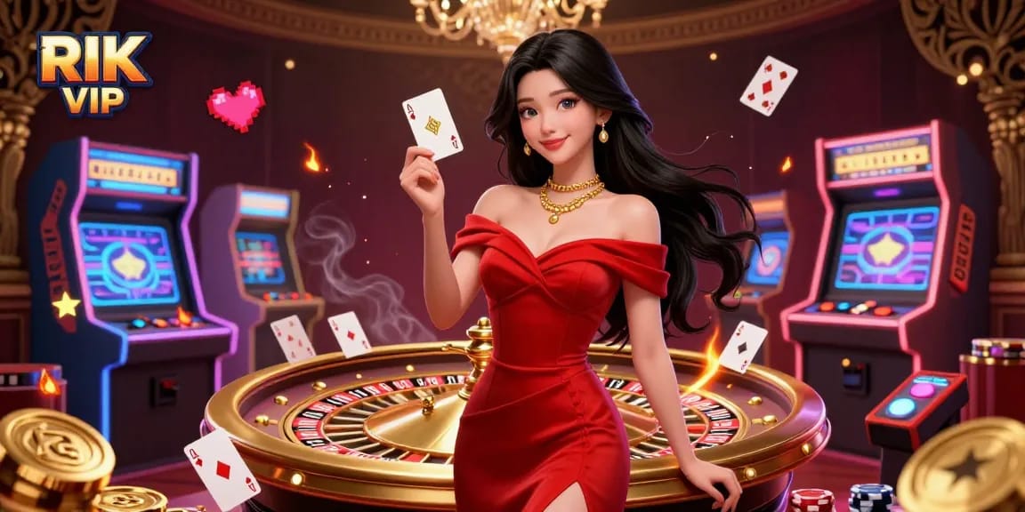 Experience the elegance of RIK VIP with a beautiful woman showcasing casino glamour, golden roulette, and vibrant gaming elements.
