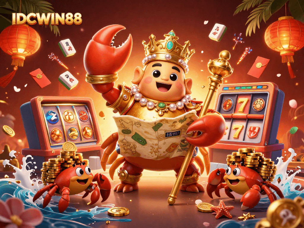 Capture excitement at IDCWIN88 as a golden crab emperor rules over a lively casino scene with dynamic gaming elements.