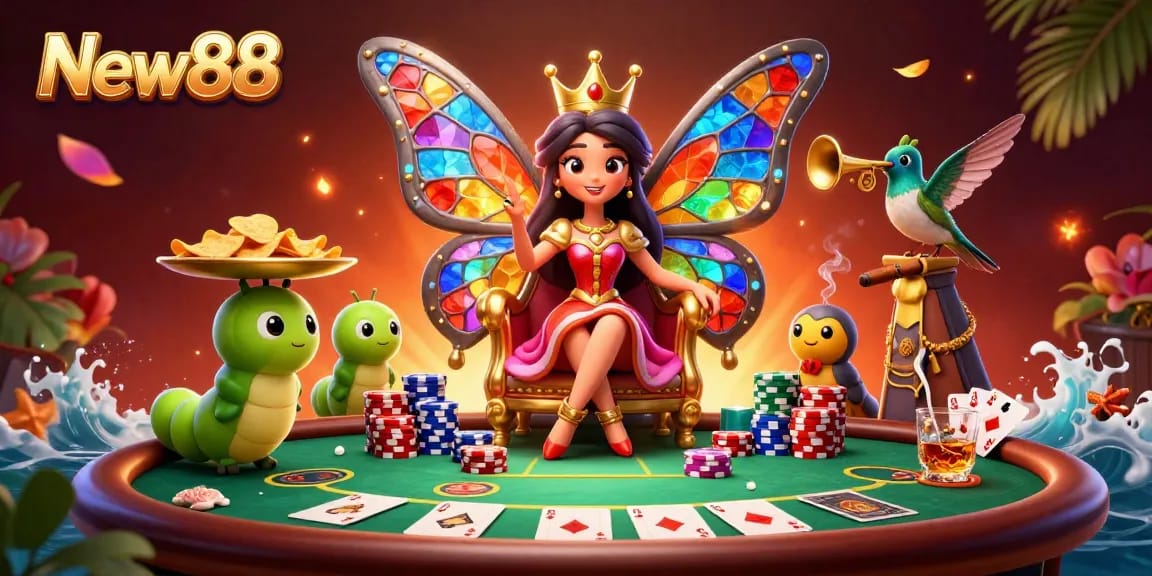Experience thrilling poker action at New88 with vibrant characters and rich casino elements.