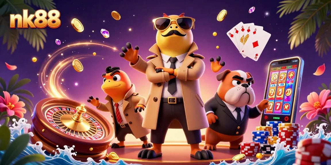 Experience nk88 excitement as raptors infiltrate a casino lounge amid cascading coins and gems.