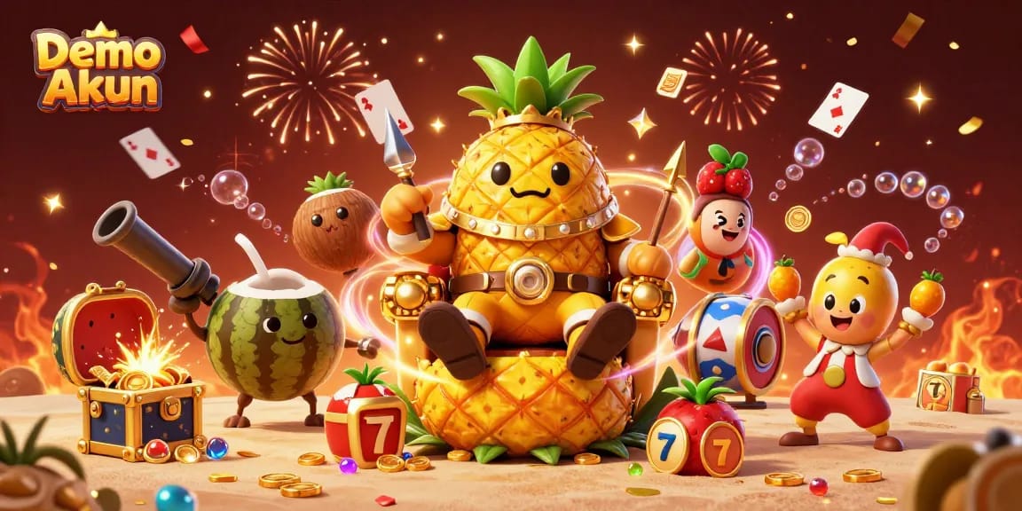 Engage with Demo Akun in a vibrant casino scene featuring a golden pineapple king and lively game elements.