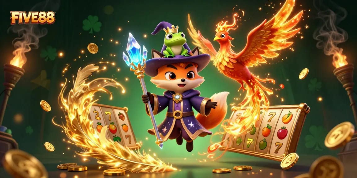 Experience thrilling gameplay at FIVE88 with a dynamic 3D wizard fox and vibrant slot symbols.
