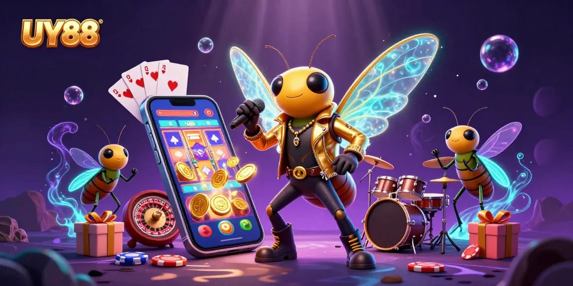Experience the excitement of UY88 with a vibrant scene of animated casino elements and characters.