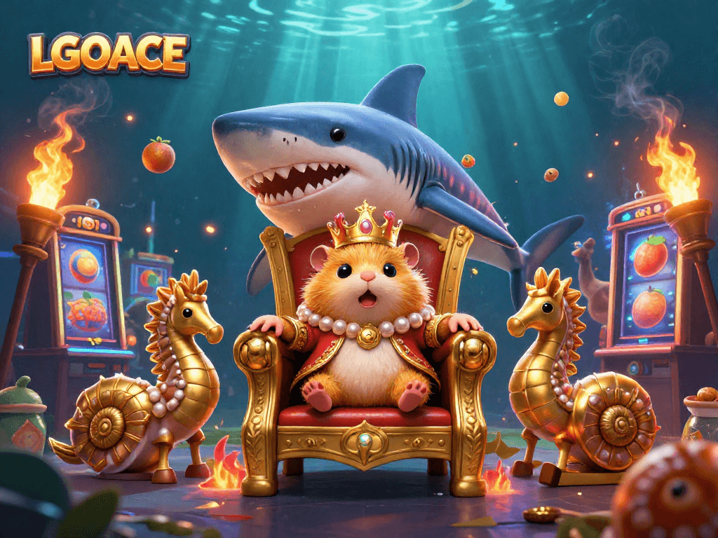 LGOACE brings vibrant casino excitement with a golden hamster king on a megalodon throne amidst slot machines