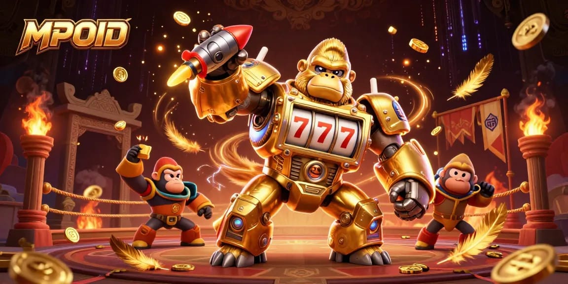 MPOID gaming experience illustrated with a dynamic golden gorilla mech and vibrant slot machine elements.