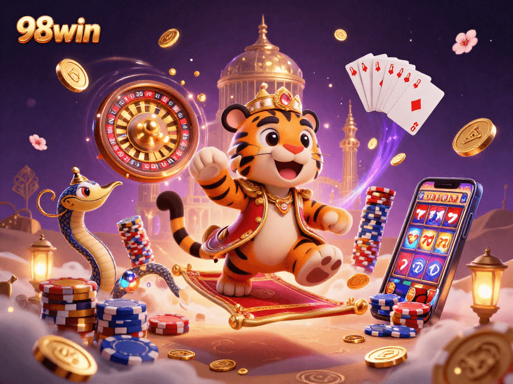 Engage in thrilling gaming action with the 98win Arabian Nights-themed 3D casino illustration showcasing dynamic elements.