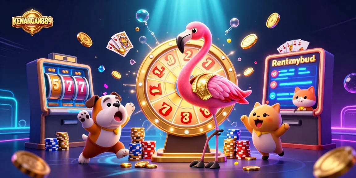 Play slots and win prizes with KENANGAN889 in this vibrant 3D casino scene full of excitement.