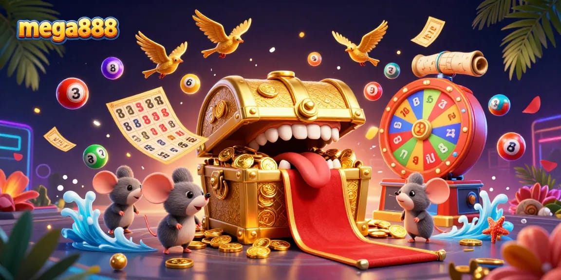 Experience the thrill of mega888 with vibrant games and treasures, featuring a dynamic casino scene.