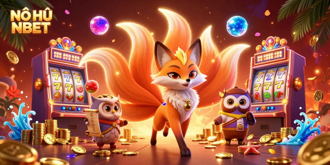 Nổ Hũ NBET showcases a vibrant 3D casino scene with glowing fox spirit and colorful slot machines.