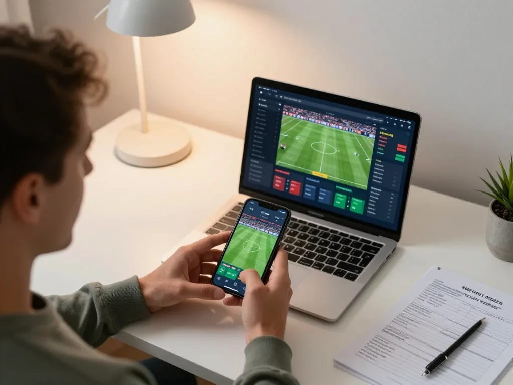 Person engaging in sun win sports betting using a smartphone with excited expressions.