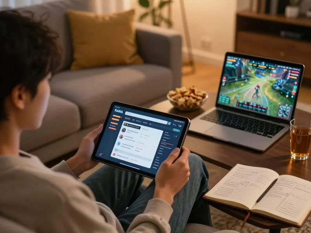 KADAL 778 online gaming scene with player using tablet in a cozy home setting.