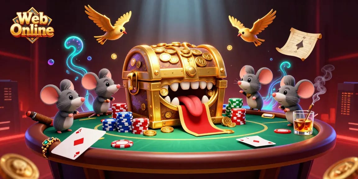 Experience the thrill of Web Online with vibrant poker elements and interactive characters.