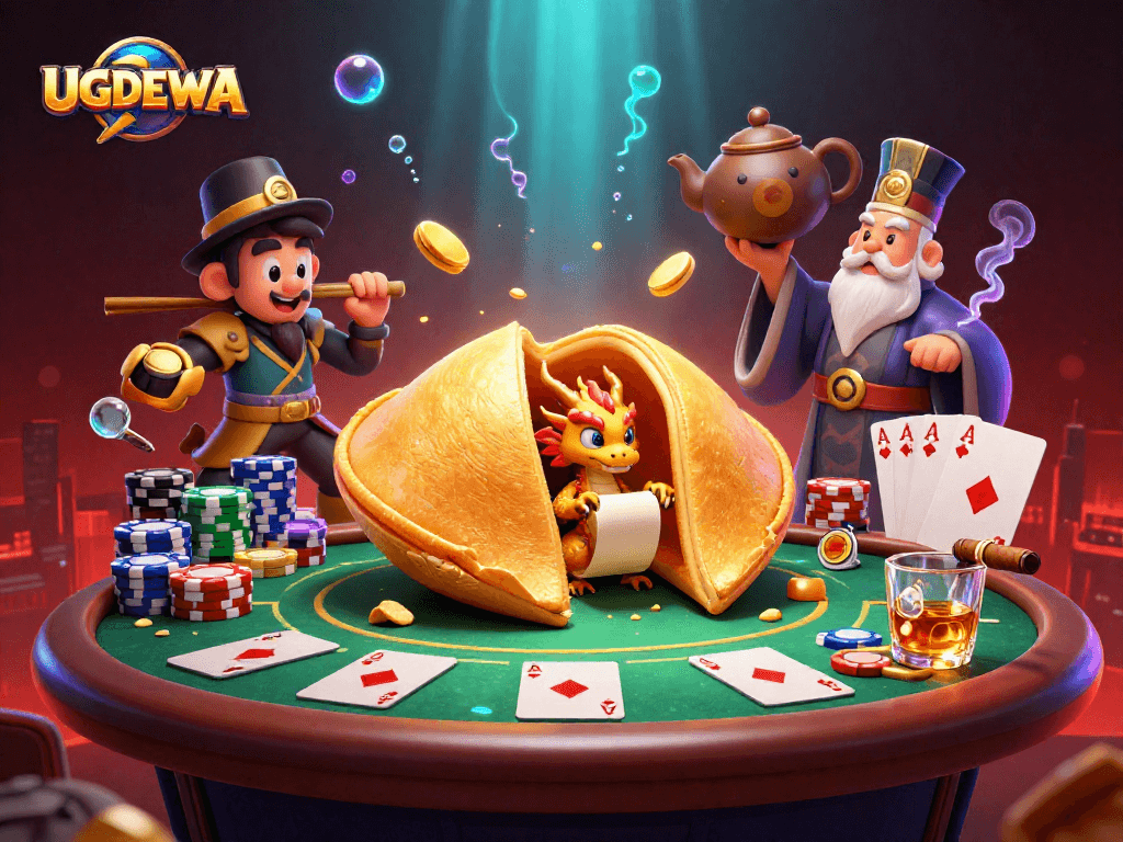 Experience thrilling poker action at UGDEWA with a vibrant 3D casino scene bursting with excitement.