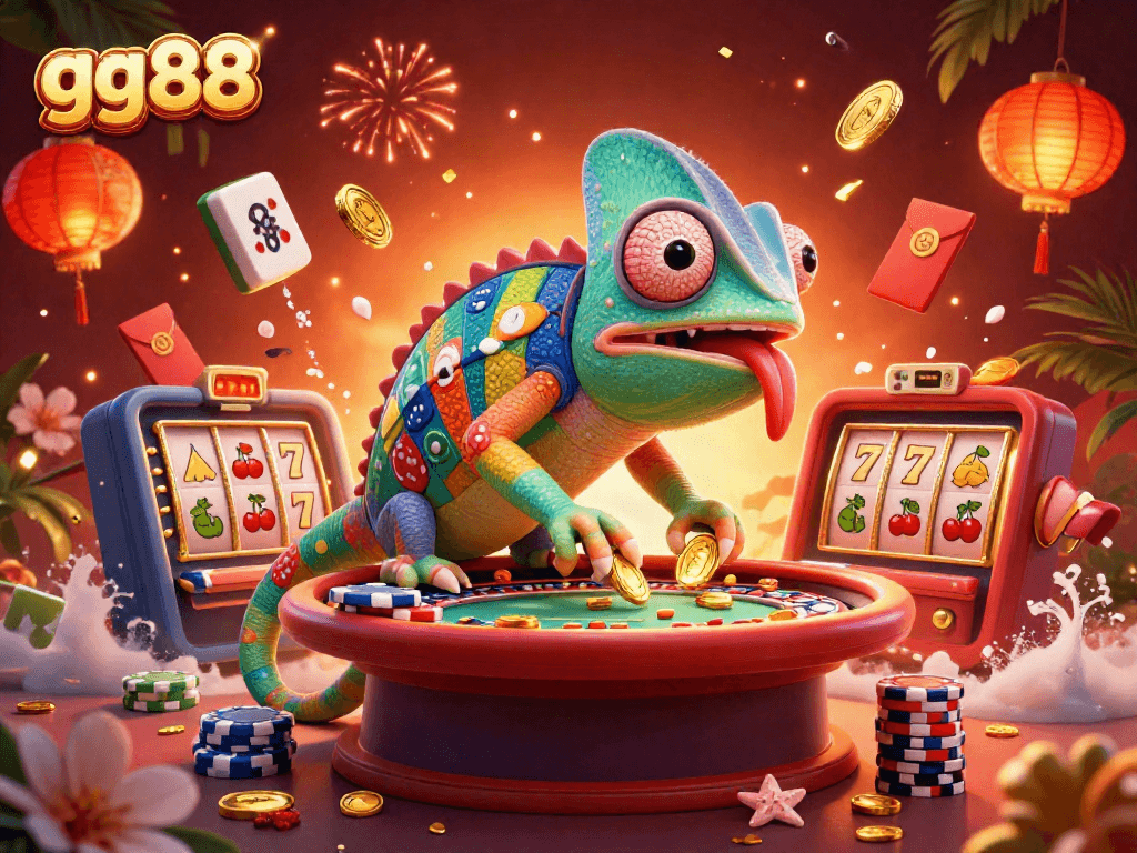 Experience the vibrant gaming atmosphere at gg88 with the chameleon casino owner amidst slot reels and festive decorations.