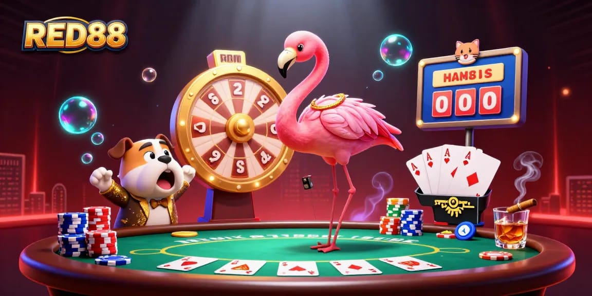 Engaging RED88 gaming scene with a flamingo host, bulldog contestant, and exciting prizes.