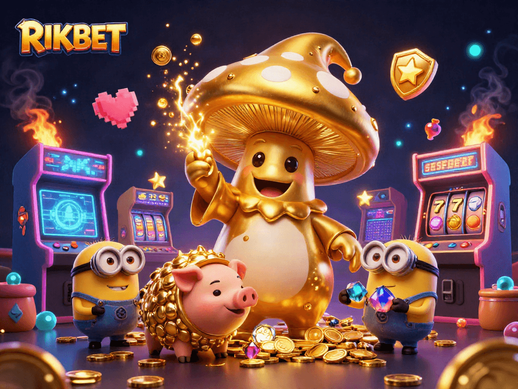 Experience RIKBET's golden magic with a wizard, treasures, and vibrant casino elements.