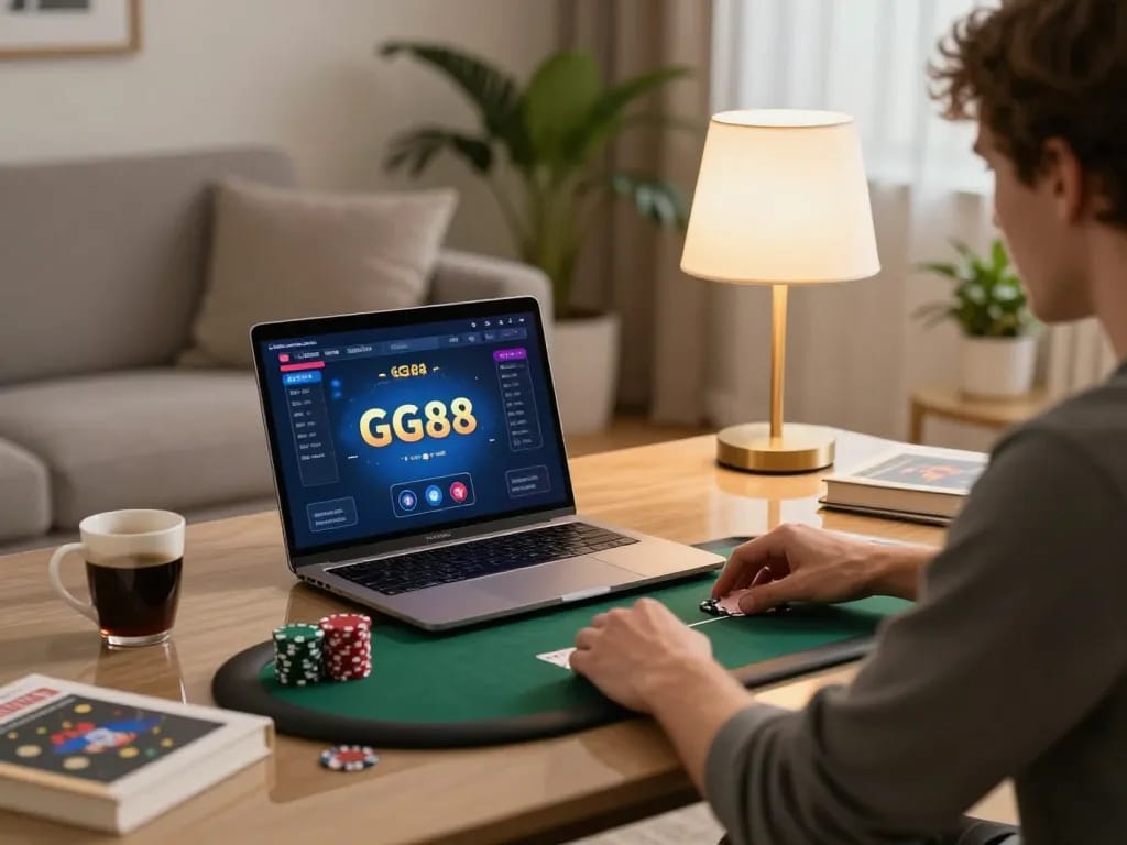 Experience thrilling GG88 poker gameplay in a cozy home gaming setup with an inviting atmosphere.