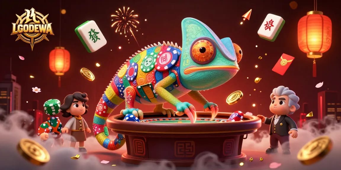 Experience the thrill of LGODEWA, where a chameleon casino owner captures golden coins in a vibrant casino scene.