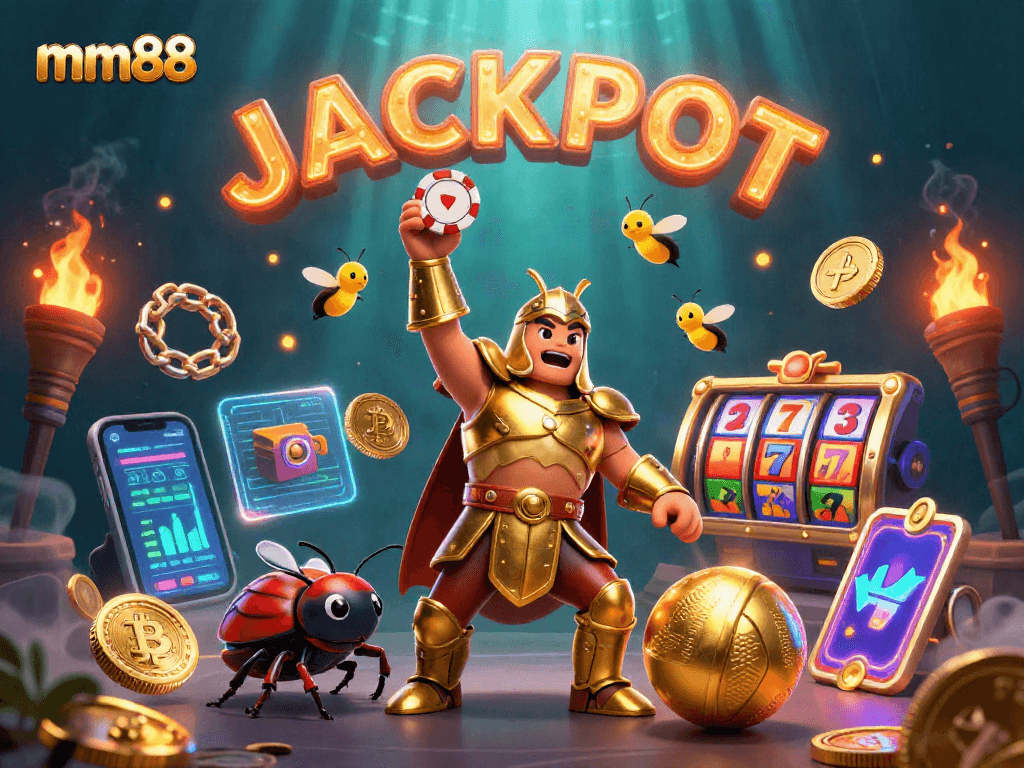 Crack your jackpot with mm88 in a vibrant 3D casino scene, showcasing thrilling gaming elements.