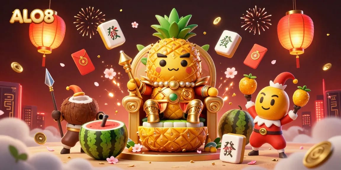 Experience vibrant casino atmosphere with ALO8's golden pineapple king amid festive game elements.