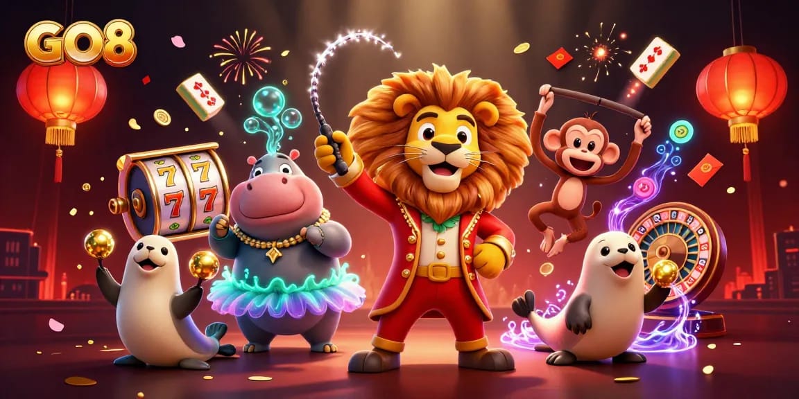 GO8 casino fun: A 3D cartoon scene with vibrant characters and dynamic gambling elements.