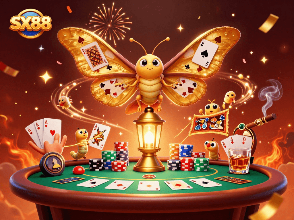 SX88 delivers thrilling casino excitement with a vibrant poker scene featuring golden moths and casino elements.