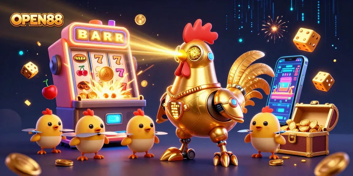 Engage in vibrant slot gaming at OPEN88 with a dynamic scene showcasing a golden rooster robot amidst a jackpot explosion.