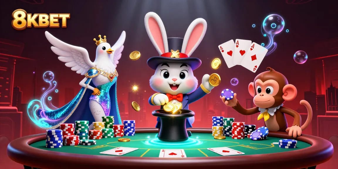 Experience thrilling wins at 8KBET with the magician, dove, and monkey in a vibrant casino scene.