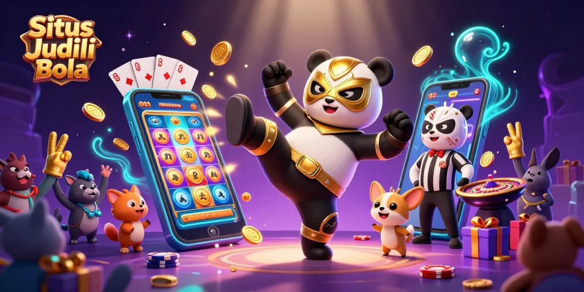 Situs Judi Bola gameplay scene with a flying panda wrestler and chihuahua referee amid casino excitement.