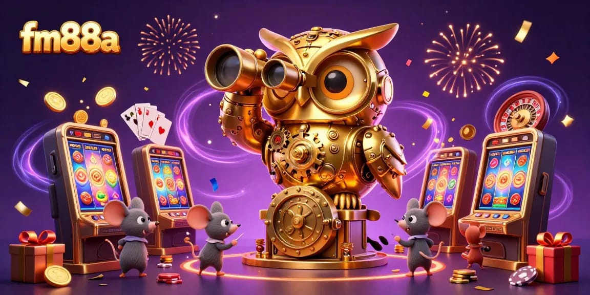 Spin colorful slot games and enjoy the thrill at fm88a, featuring golden coins and vibrant casino elements.