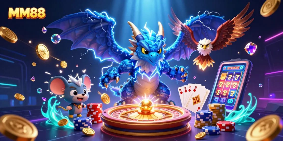 Experience thrilling MM88 wins with vibrant characters and dynamic casino elements in a captivating 3D illustration.