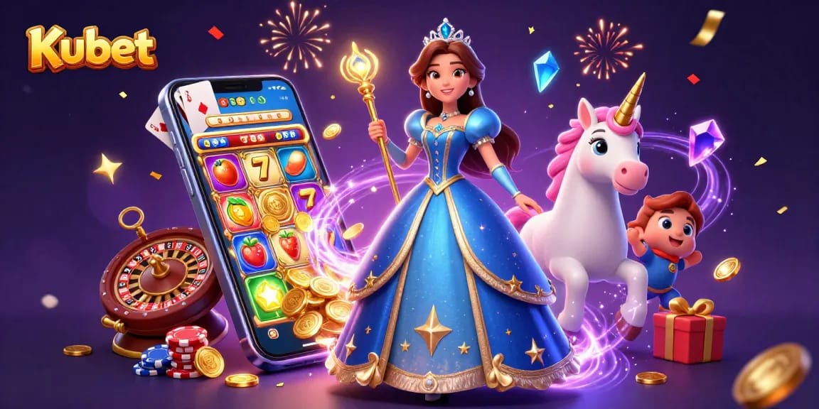 Kubet gaming illustration featuring a woman in a royal blue gown with a unicorn, surrounded by vibrant casino elements and games.