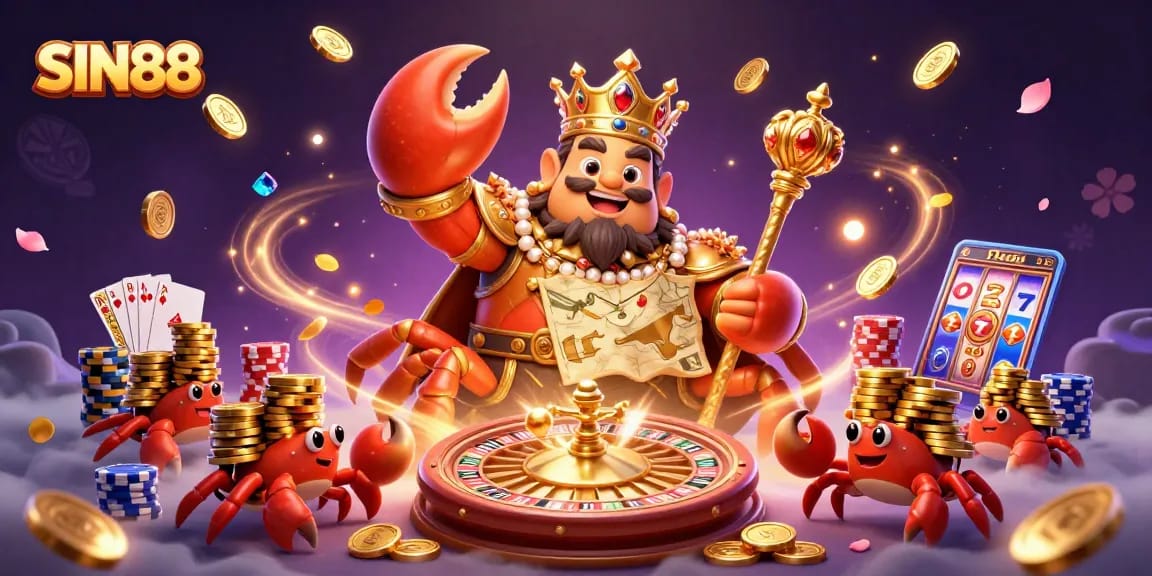 SIN88 showcases a golden crab emperor surrounded by casino elements for thrilling gameplay.