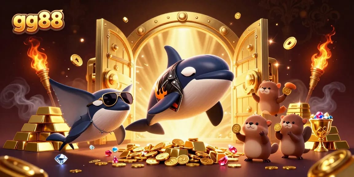 Experience the thrill of winning at gg88 with vibrant casino-themed sea creatures holding golden coins.