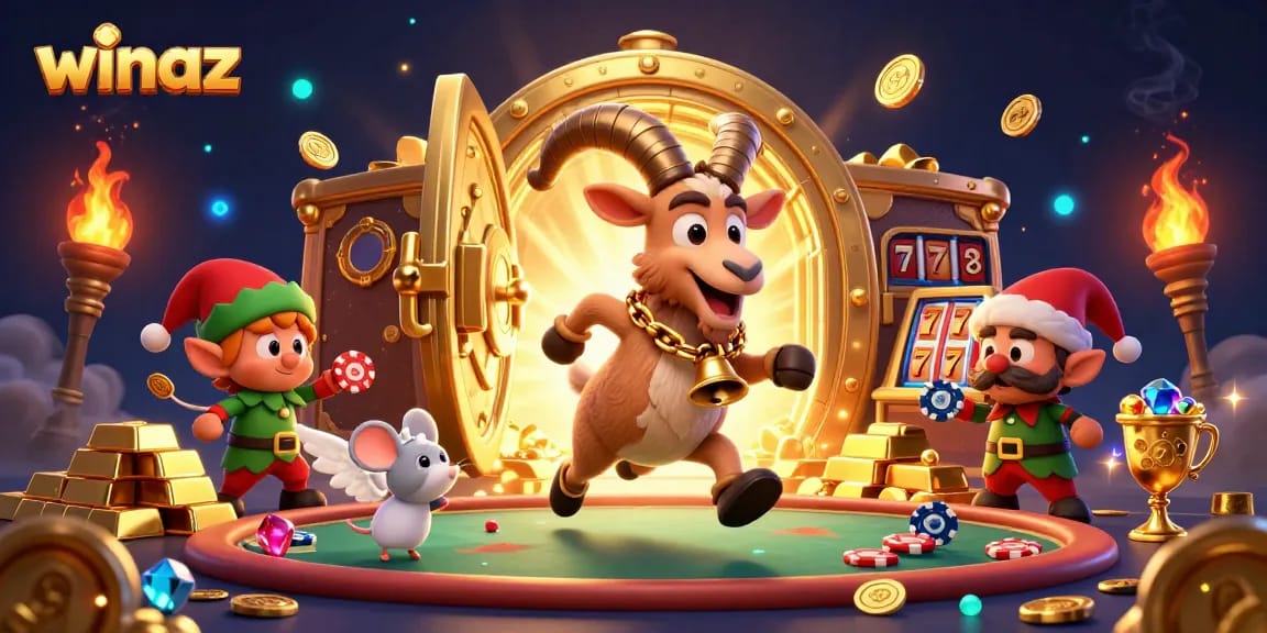 winaz players enjoy a vibrant casino scene filled with festive chaos and gold treasures