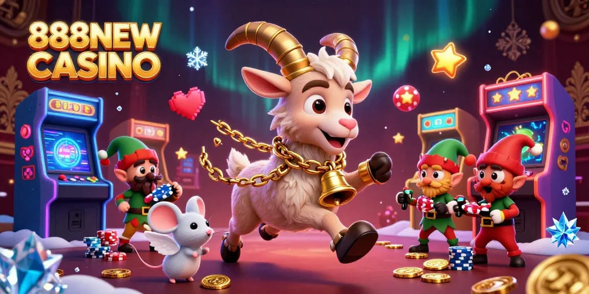 Engage with exciting wins at 888NEW CASINO featuring vibrant gaming scenes and festive characters.