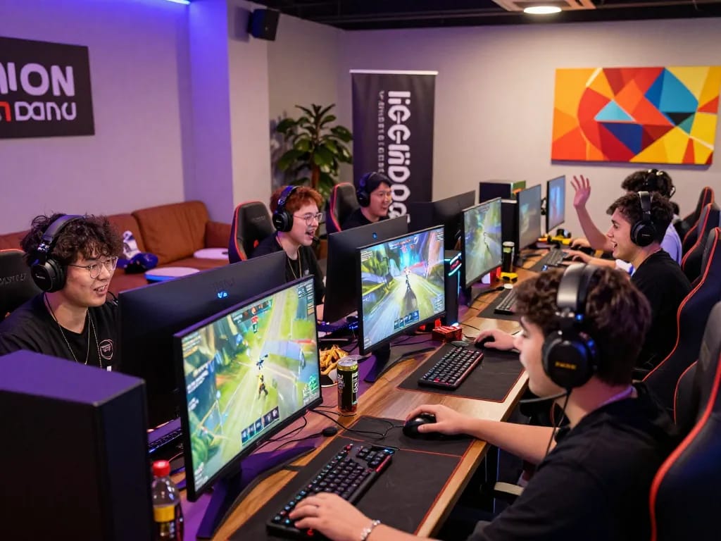 Gamers engaged in a ligasedayu tournament, showcasing community and competition.