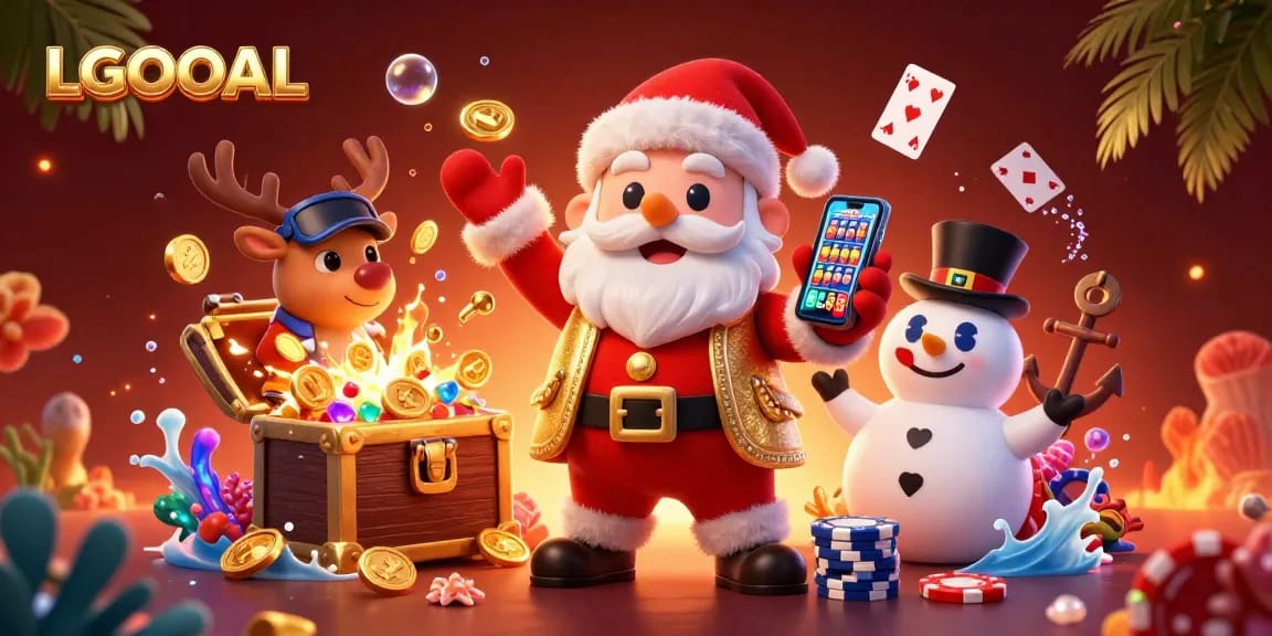Celebrate wins with LGOGOAL featuring Santa and festive casino excitement in a vibrant scene.
