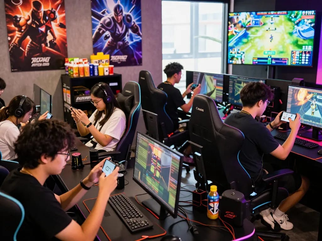 Exciting gaming lounge scene featuring friends enjoying AUTOWIN88 mobile games in a vibrant atmosphere