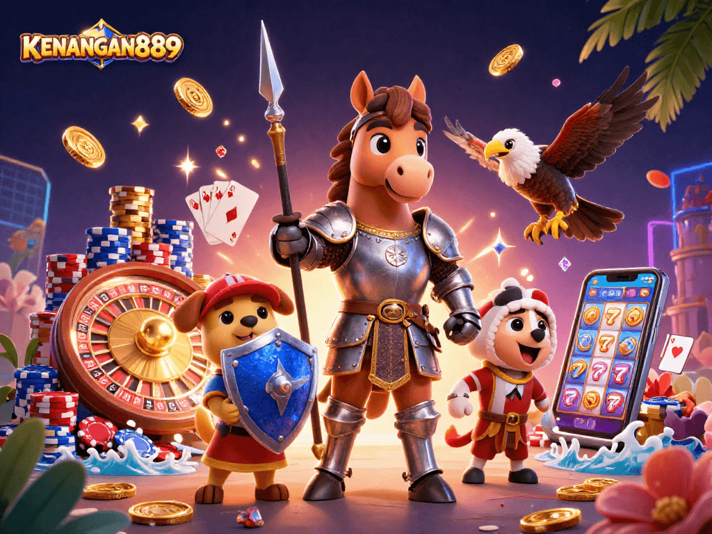 Bet on luck with KENANGAN889: 3D knight, puppy, and falcon amidst casino treasures.