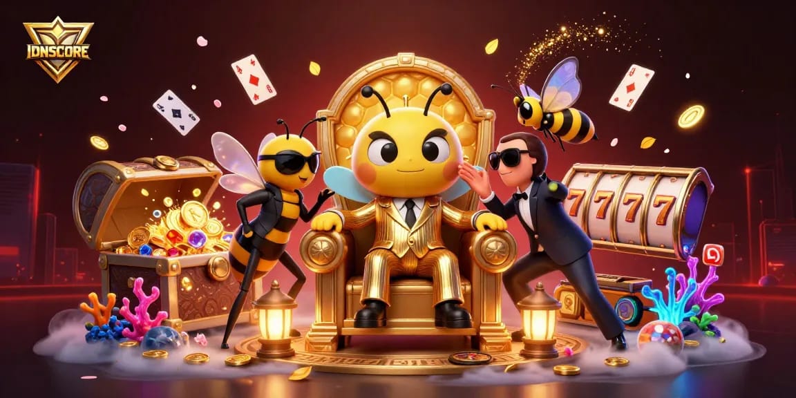 IDNSCORE illustrates a vibrant casino scene with a mob boss and characters amidst games of chance.