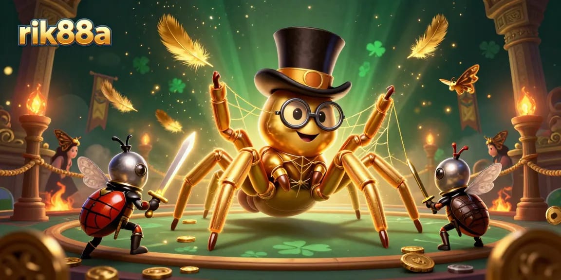 Engage with rik88a's vibrant casino scene featuring a golden tarantula and beetle knight amidst swirling game elements.